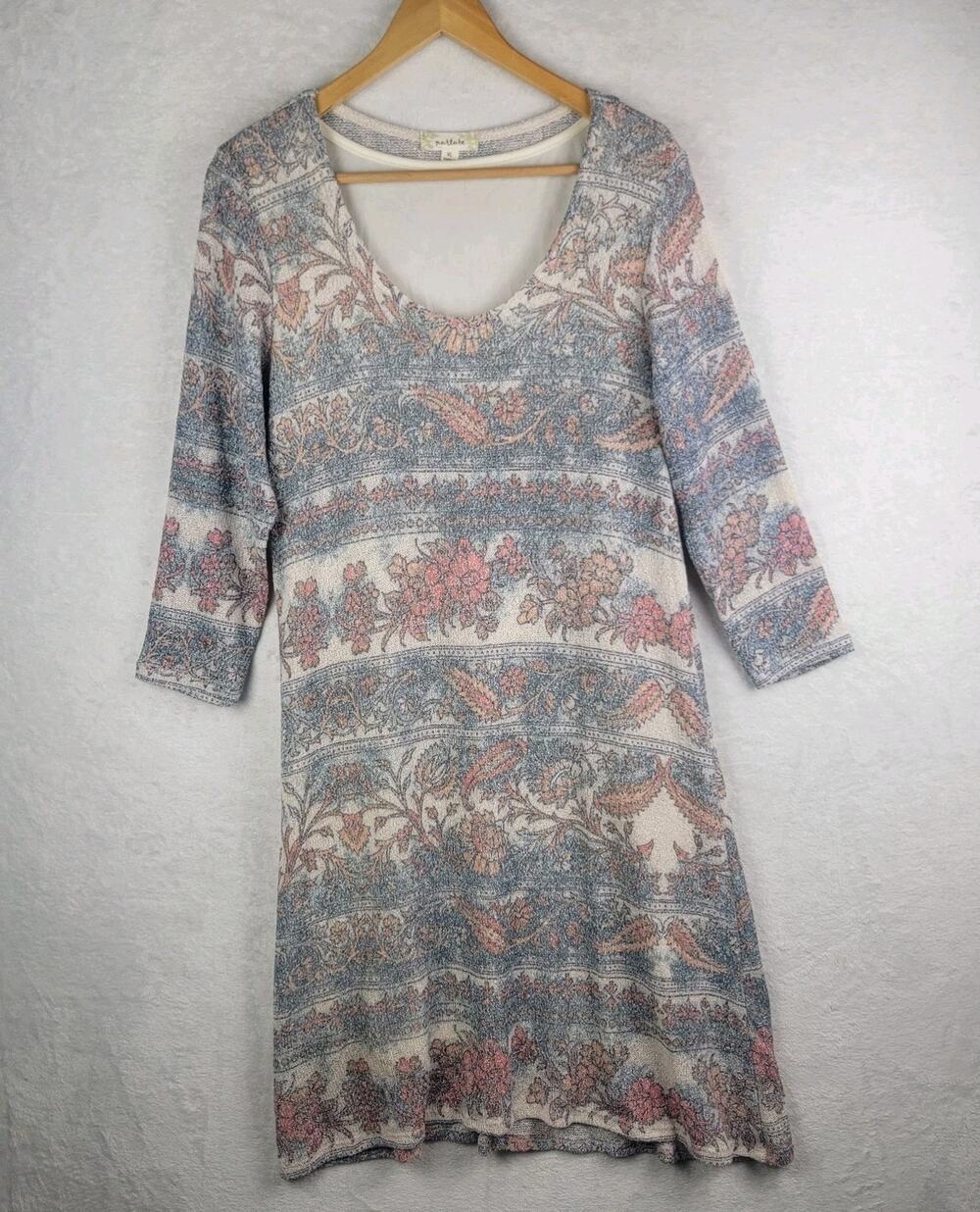 Bohemian Dress Women 18 Knit Fitted 3/4 Sleeve Cream Floral Western Cottagecore